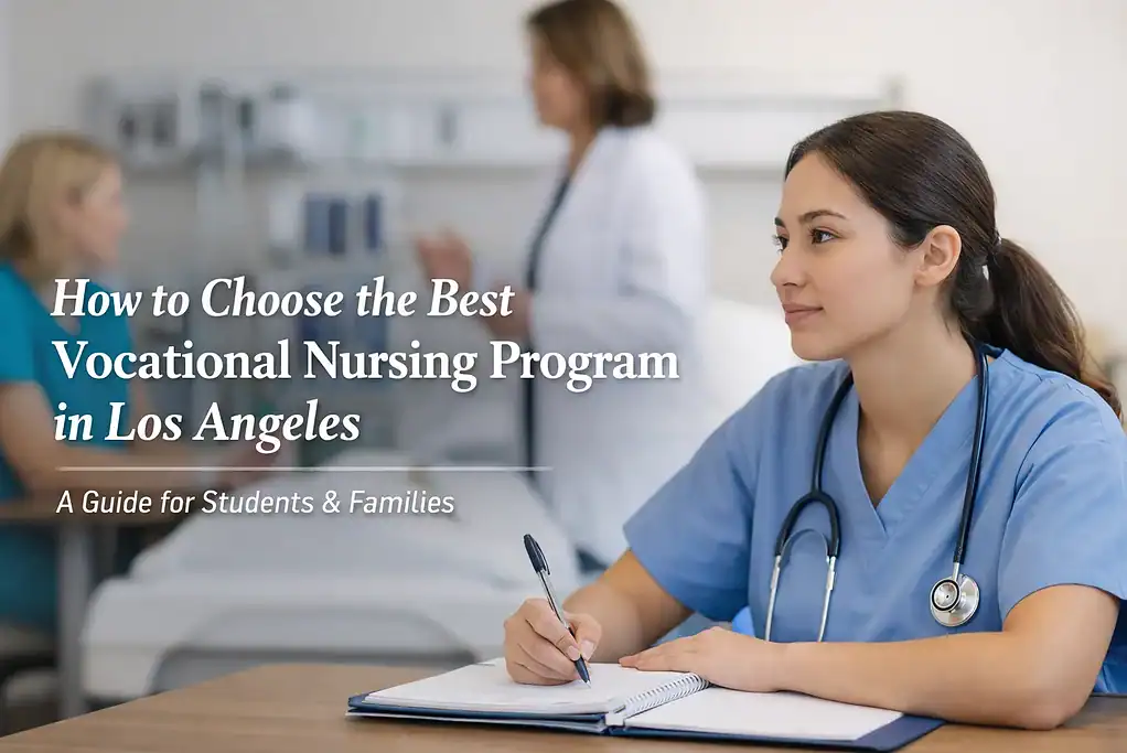 Vocational nursing student taking notes in a classroom during hands-on training