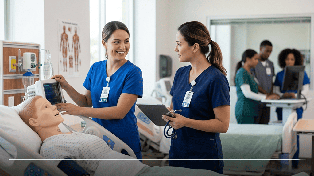 LVN and RN training with patient simulator in clinical setting